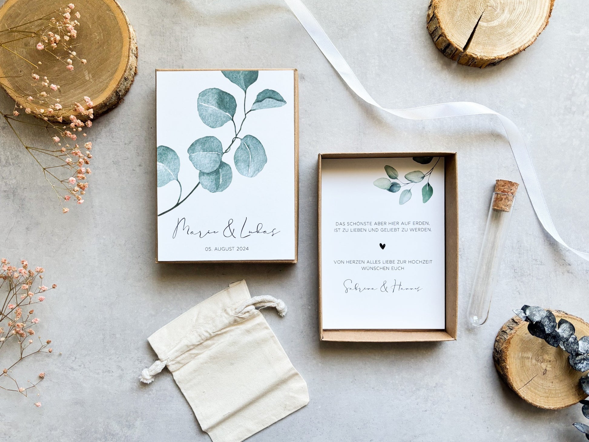 Kraftpapierbox zur Hochzeit mit Personalisierung und Baumwollsäckchen, Eukalyptus