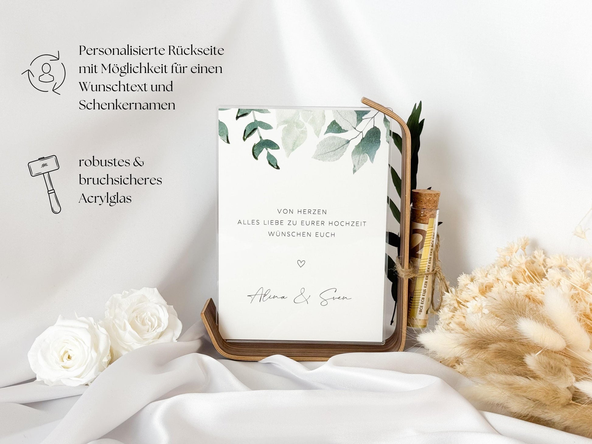 Geldgeschenk zur Hochzeit mit Strauß aus Trockenblumen | Acryl Bilderrahmen | personalisiert | Hochzeitsgeschenk | Brautpaar Geschenk Geld