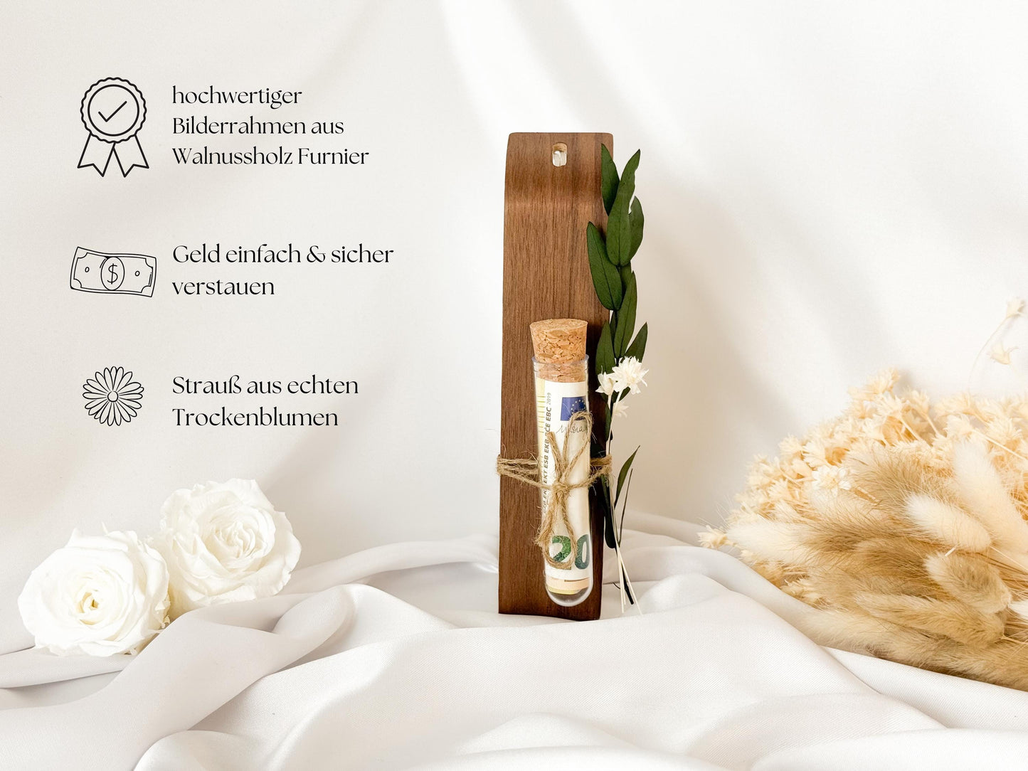 Geldgeschenk zur Hochzeit mit Strauß aus Trockenblumen | Acryl Bilderrahmen | personalisiert | Hochzeitsgeschenk | Brautpaar Geschenk Geld