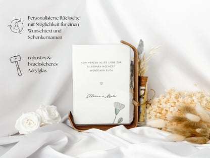 Geldgeschenk zur Silberhochzeit mit Strauß aus Trockenblumen | Acryl Bilderrahmen | personalisiert | Hochzeitsgeschenk | Brautpaar Geld