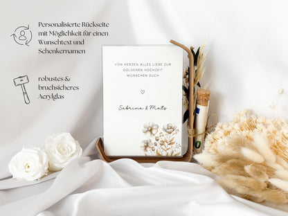 Geldgeschenk zur Goldhochzeit mit Strauß aus Trockenblumen | Acryl Bilderrahmen | personalisiert | Hochzeitsgeschenk | Brautpaar Geld