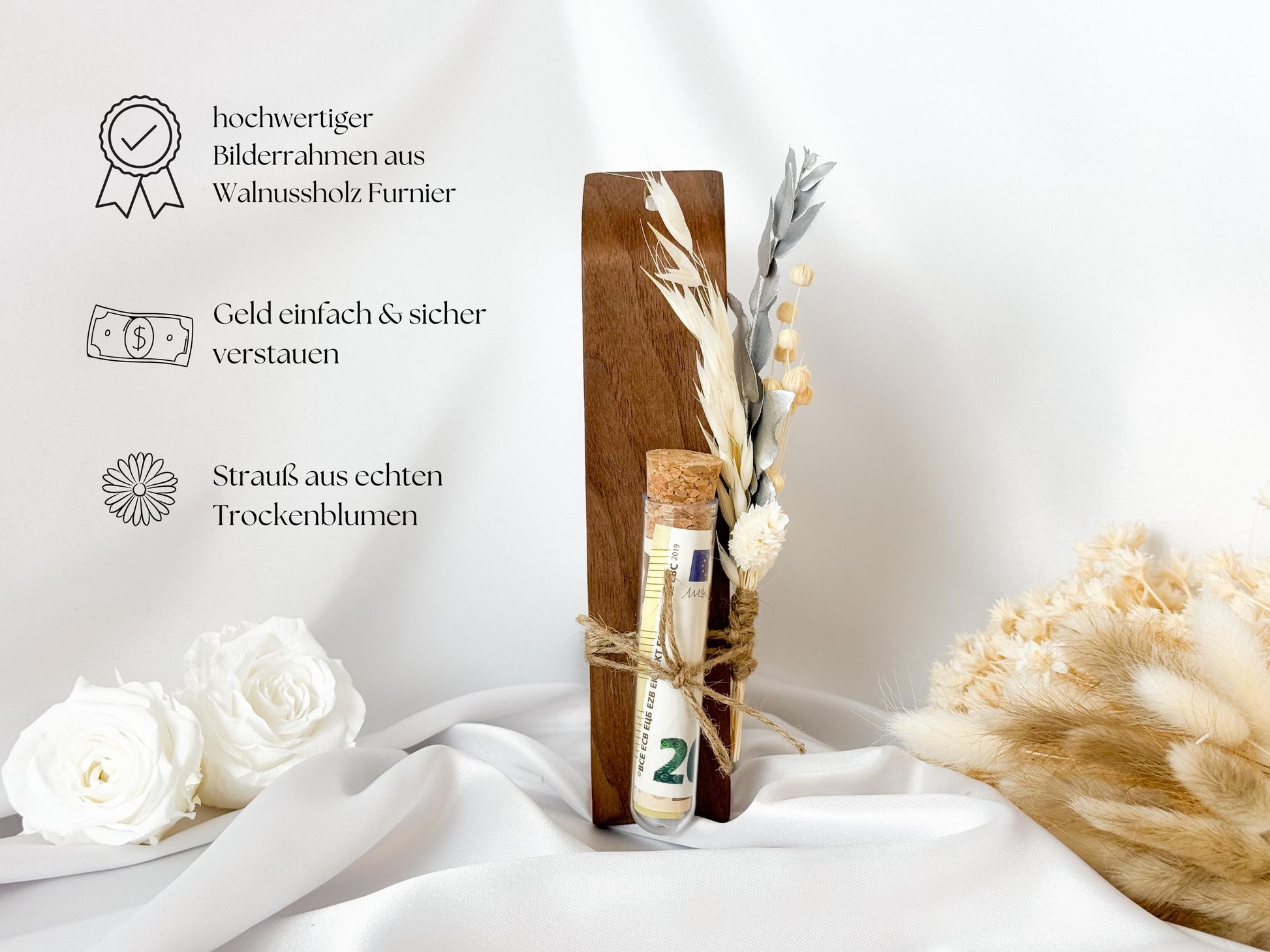 Geldgeschenk zur Silberhochzeit mit Strauß aus Trockenblumen | Acryl Bilderrahmen | personalisiert | Hochzeitsgeschenk | Brautpaar Geld