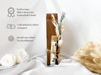 Geldgeschenk zur Silberhochzeit mit Strauß aus Trockenblumen | Acryl Bilderrahmen | personalisiert | Hochzeitsgeschenk | Brautpaar Geld