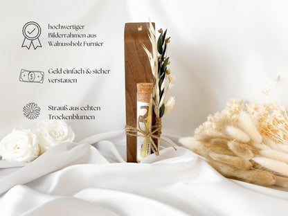 Geldgeschenk zur Goldhochzeit mit Strauß aus Trockenblumen | Acryl Bilderrahmen | personalisiert | Hochzeitsgeschenk | Brautpaar Geld